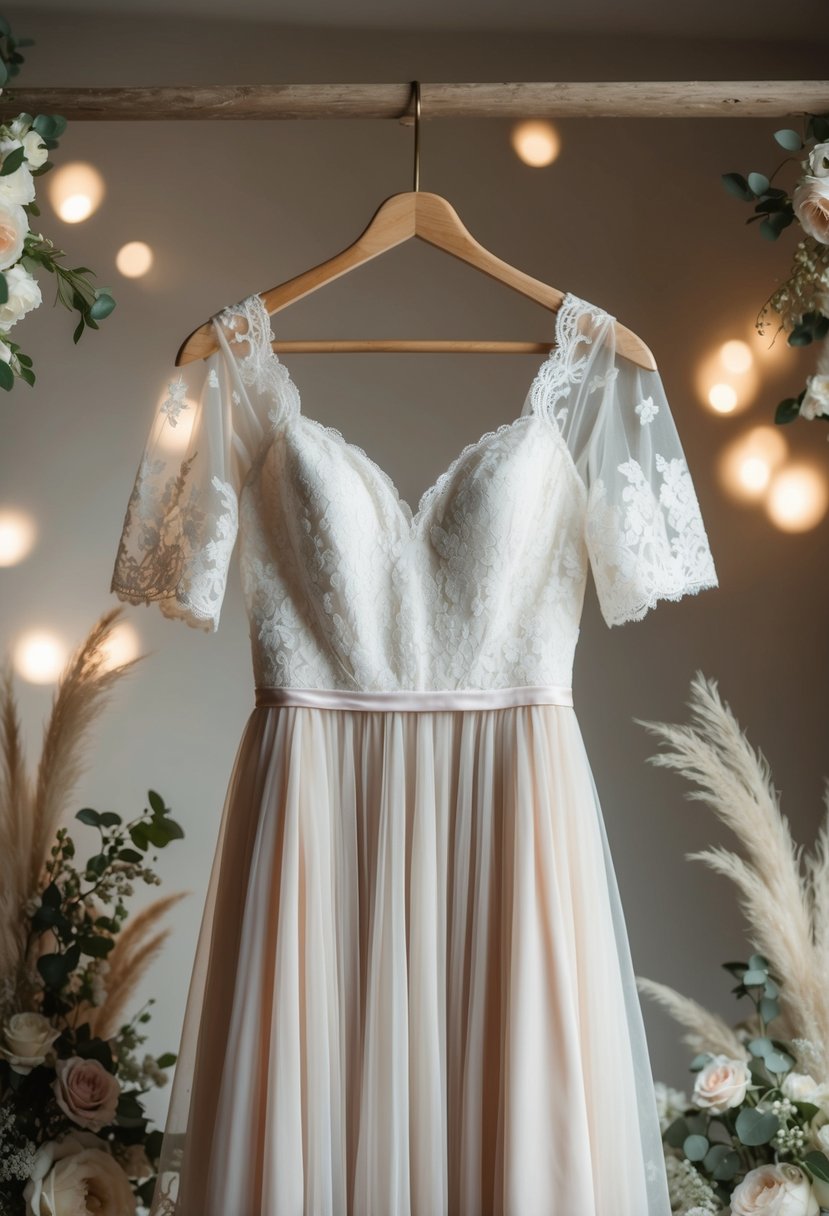 A vintage-style gown with delicate lace sleeves hangs on a rustic wooden hanger, surrounded by soft, dreamy lighting and ethereal floral arrangements