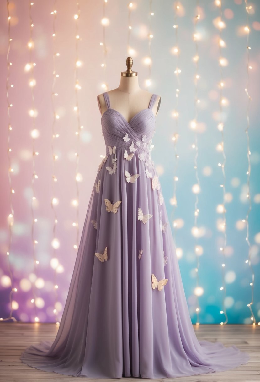 A flowing dress adorned with delicate butterfly appliqués, set against a dreamy, ethereal backdrop of soft pastel colors and sparkling fairy lights