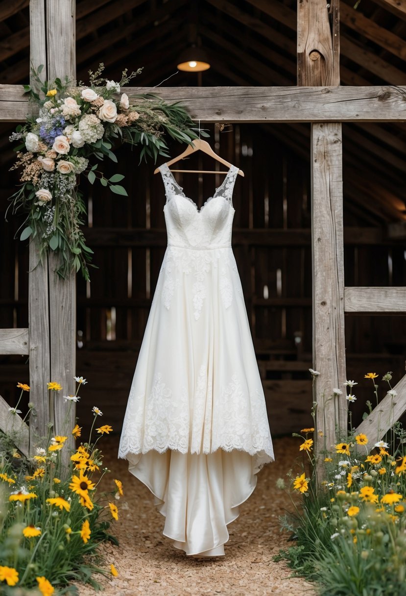 A rustic barn setting with wildflowers and lace accents, a vintage-inspired country wedding dress hanging from a weathered wooden beam