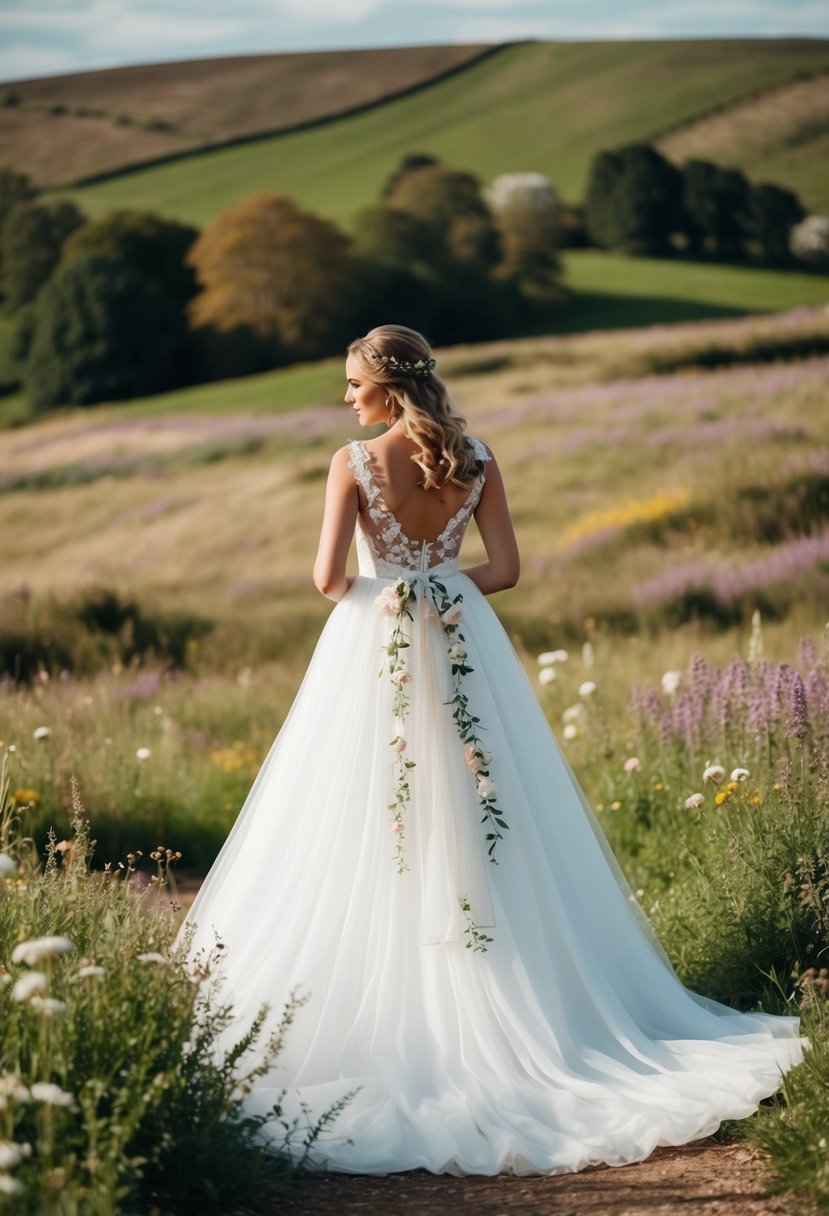 A flowing white wedding dress adorned with delicate floral sashes, set against a rustic countryside backdrop with rolling hills and blooming wildflowers