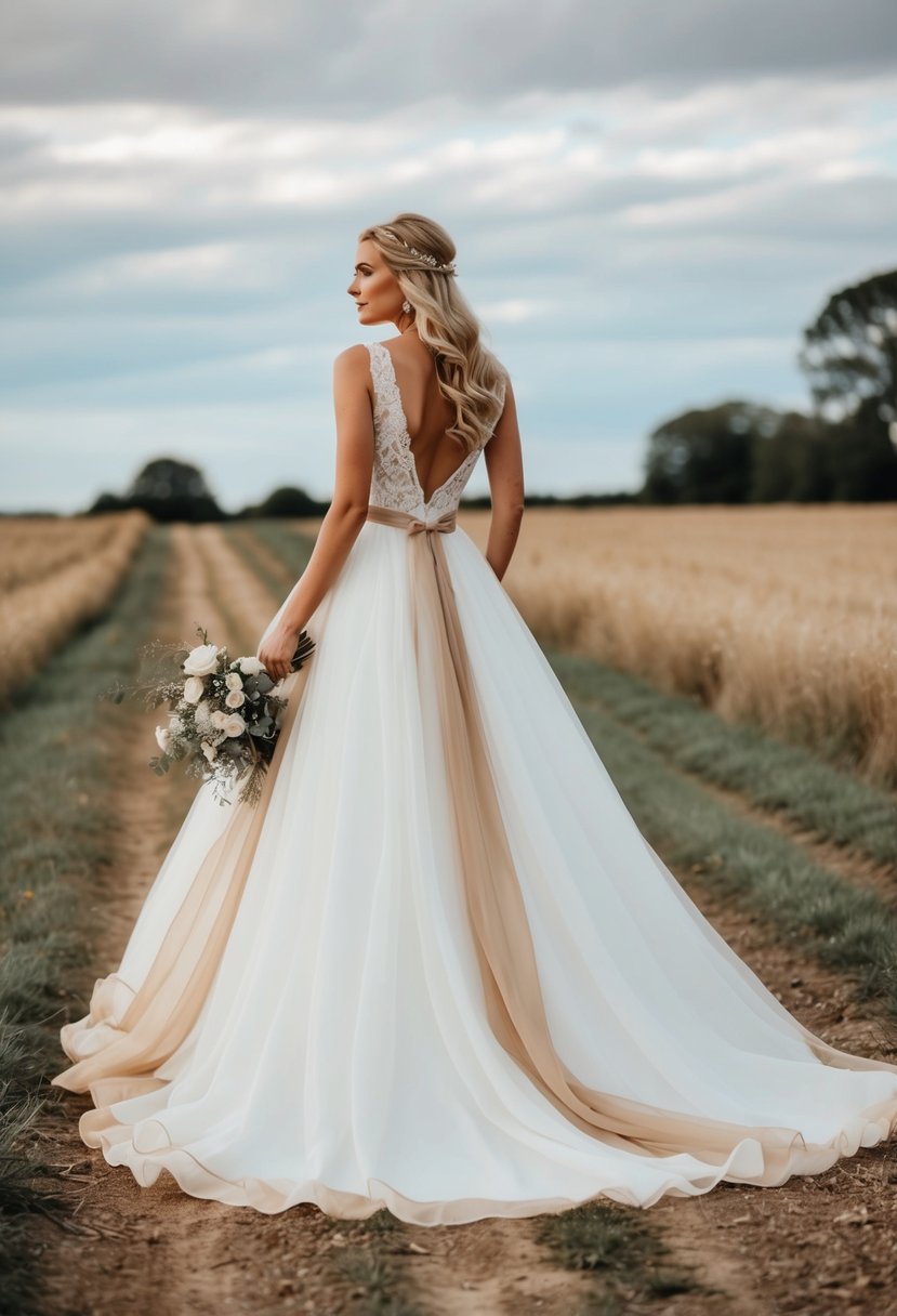 A flowing white wedding dress with beige accents, surrounded by rustic country scenery