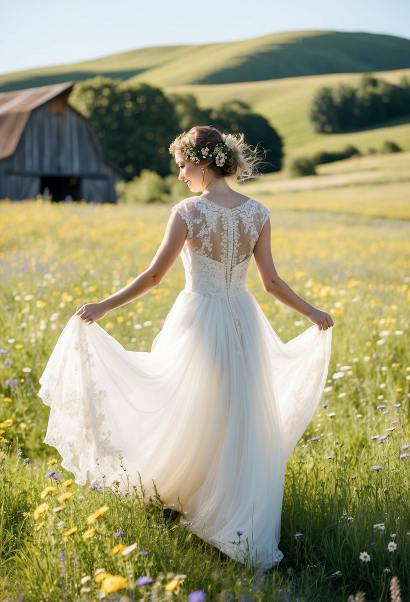 A bride in a flowing, lace-trimmed gown twirls through a sun-dappled meadow, wildflowers in her hair. A rustic barn and rolling hills complete the charming country setting