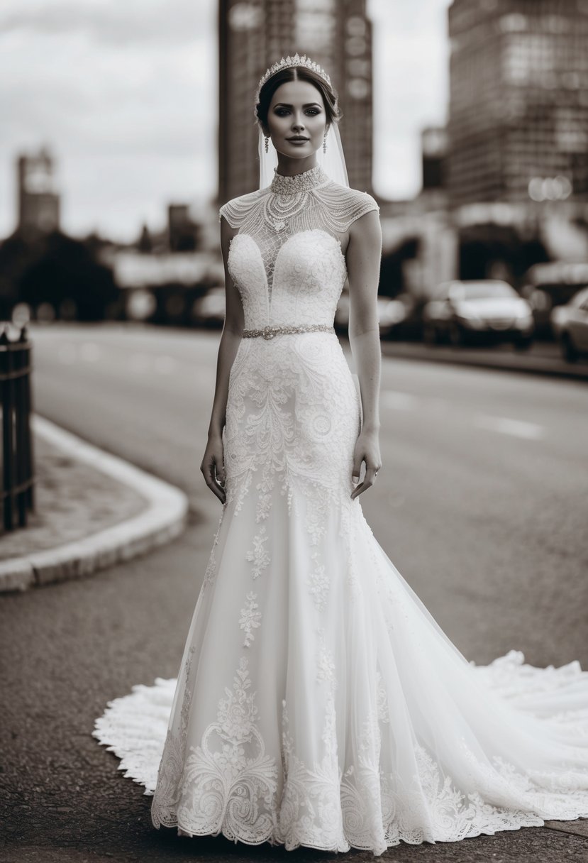 A bride standing in a high neck wedding dress, surrounded by delicate lace and intricate beadwork, with a flowing train trailing behind her