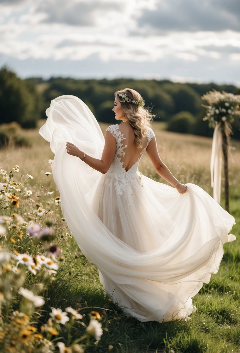 A flowing, ethereal wedding dress billows in the breeze, adorned with delicate lace and soft, lightweight fabrics. Wildflowers and rustic decor adorn the countryside setting