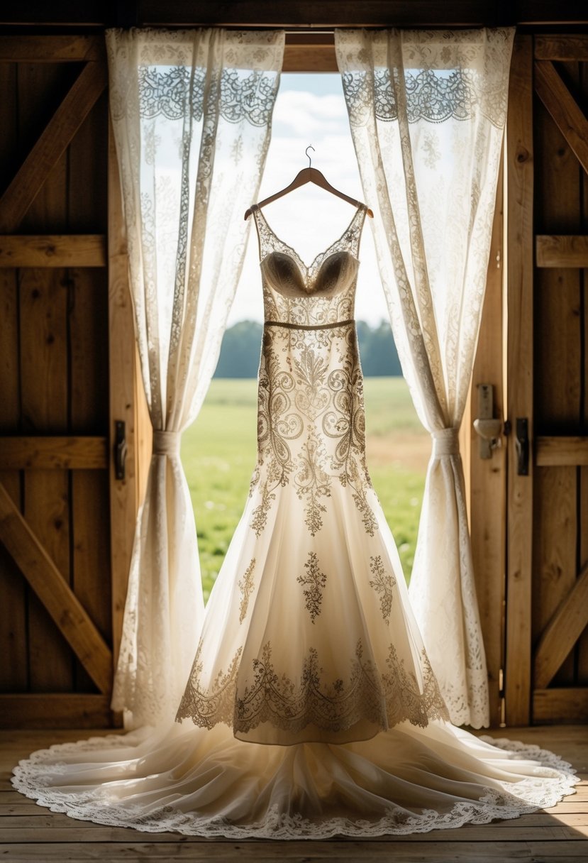 A rustic barn setting with soft sunlight filtering through lace curtains, showcasing a beautiful wedding dress adorned with intricate lace designs