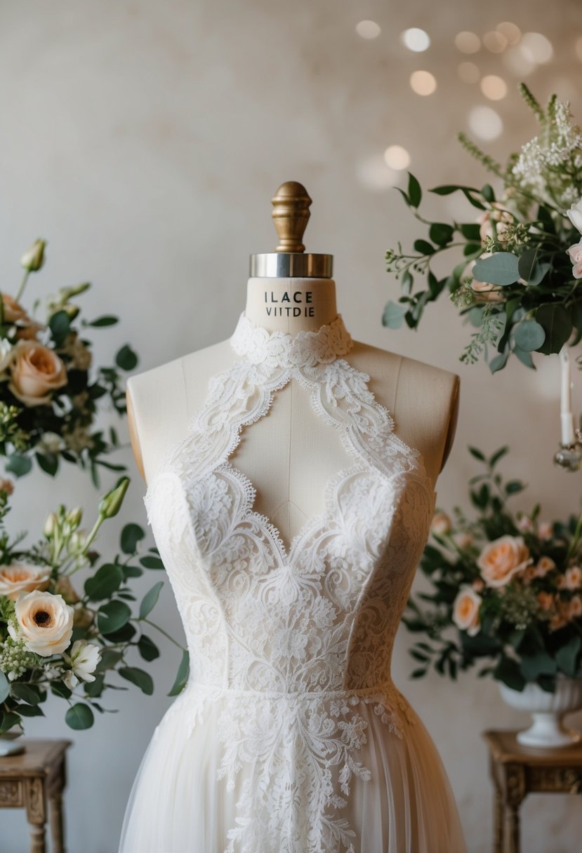 A vintage lace high-neck wedding dress displayed on a mannequin, surrounded by delicate floral arrangements and antique furniture