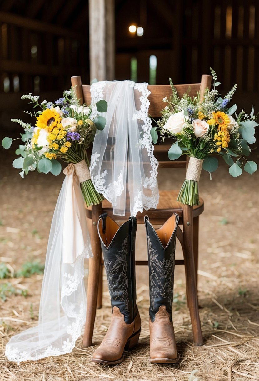 A rustic barn setting with wildflower bouquets, cowboy boots, and lace-trimmed veil draped over a wooden chair