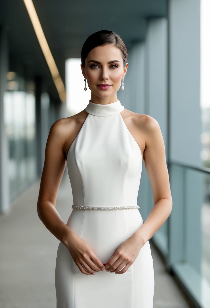 A bride stands in a sleek, high neck halter wedding dress with a modern, minimalist design, accented with clean lines and subtle details