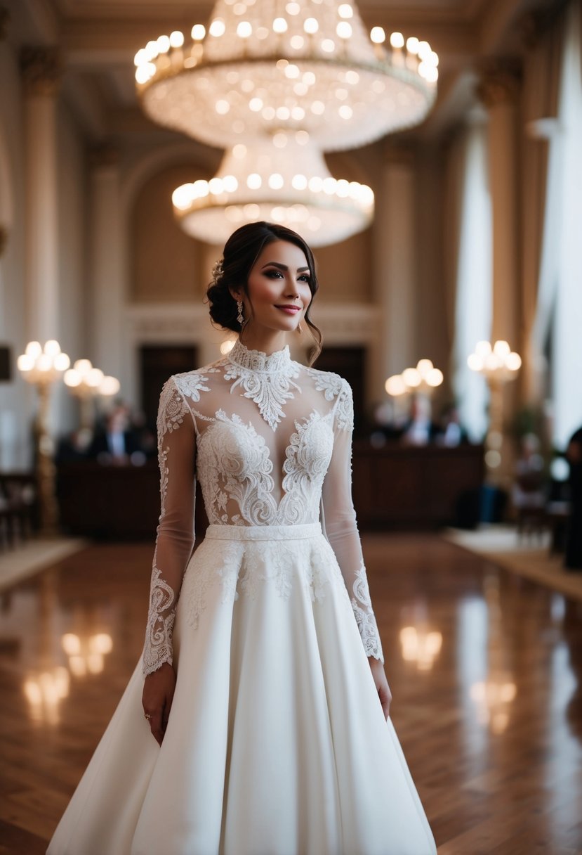 A bride standing in a grand ballroom, wearing a high-neck, long-sleeve wedding dress with intricate lace and elegant details