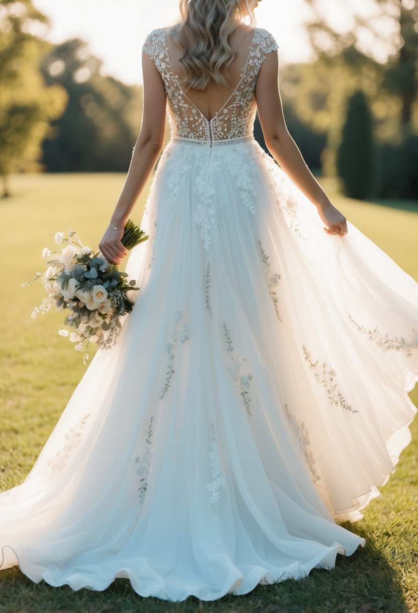 A flowing white wedding dress adorned with delicate floral lace and beading, inspired by the beauty of nature