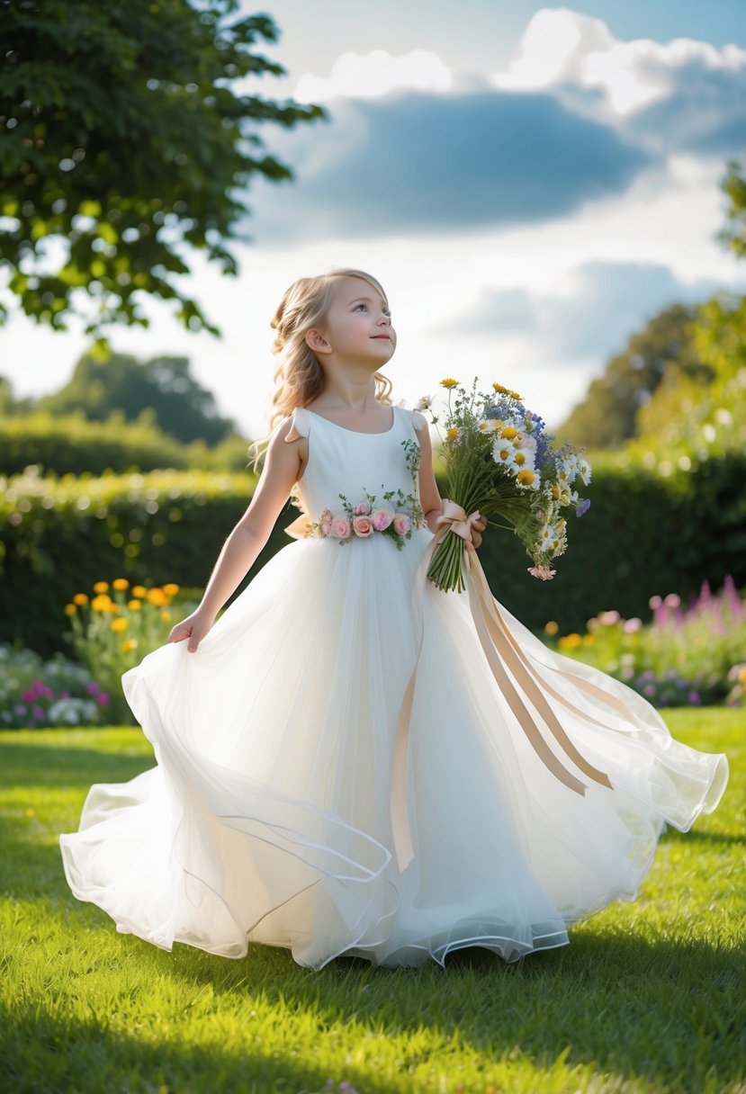 A young girl twirls in a garden, wearing a flowing white gown adorned with flowers and ribbons. She holds a bouquet of wildflowers and gazes up at the sky