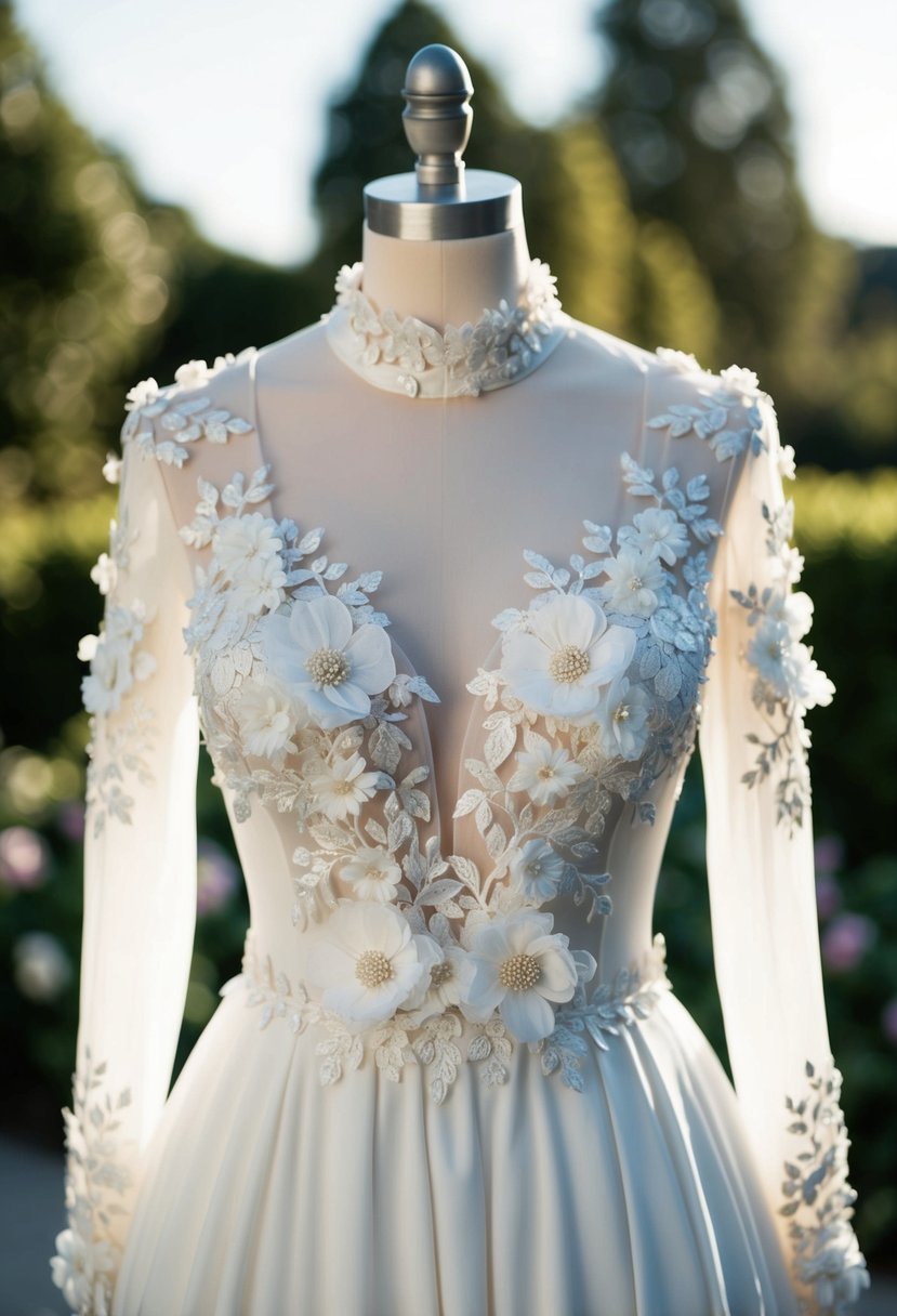 A high neck wedding dress with delicate floral appliqué cascading down the bodice and sleeves, creating a romantic and elegant look