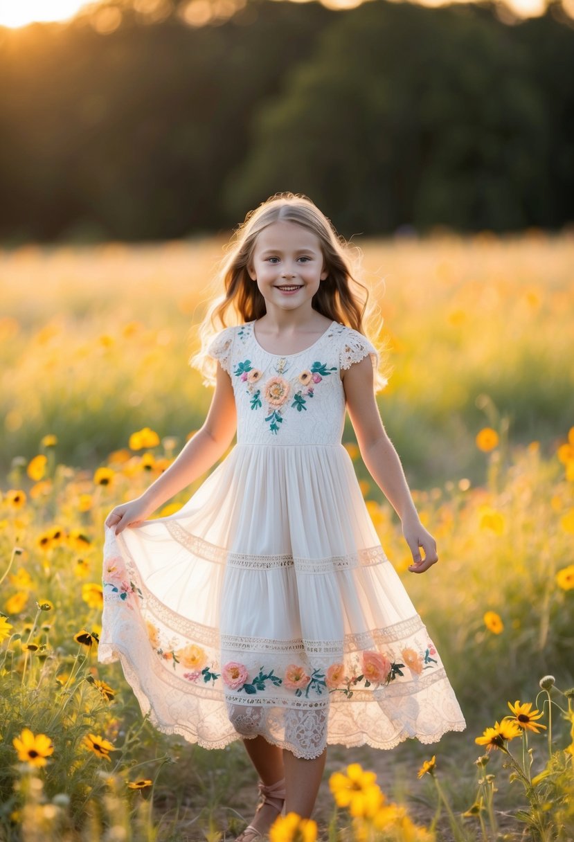 A 9-year-old girl twirls in a bohemian lace dress with floral details, surrounded by wildflowers and a warm, golden sunset