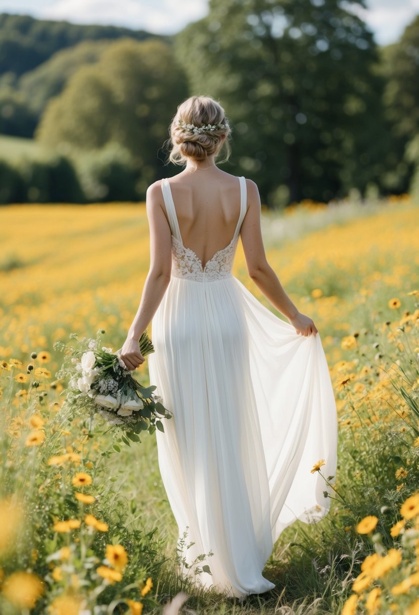 A flowing maxi dress in a field of wildflowers at a country wedding