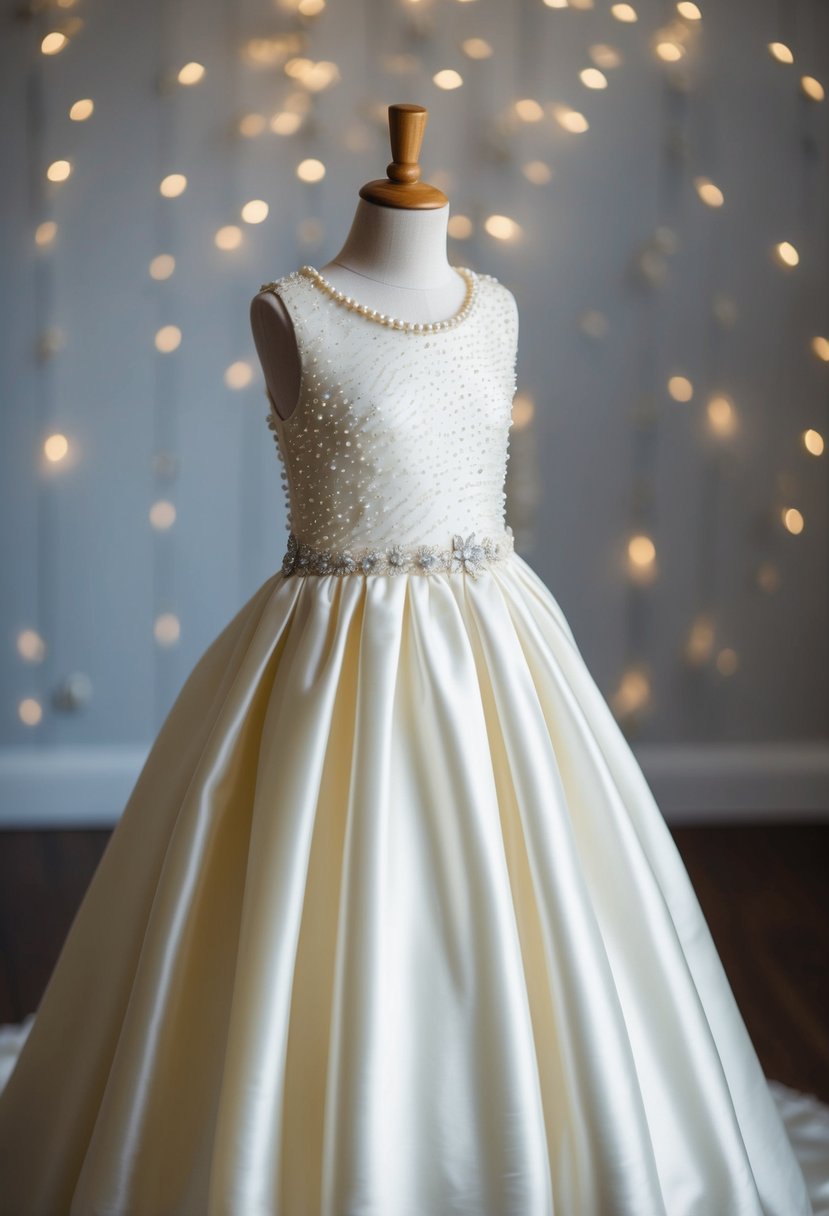 An ivory satin gown adorned with delicate pearl accents, designed for a 9-year-old girl's wedding dress