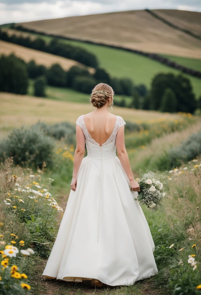 A bride in a tea-length gown walks through a rustic countryside setting, surrounded by wildflowers and rolling hills