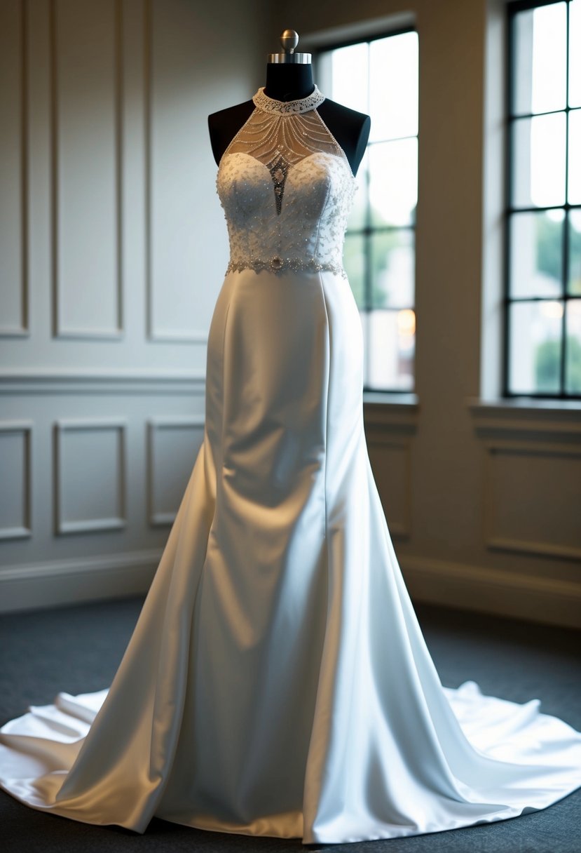 A sleek satin wedding dress with a high neckline, flowing gracefully to the floor, adorned with delicate lace or beading