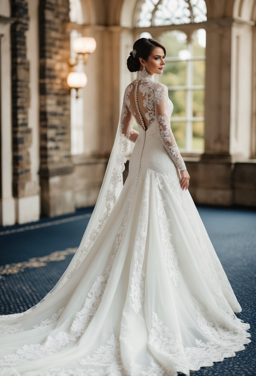 A grand lace train cascades from a high-necked wedding dress, fit for royalty