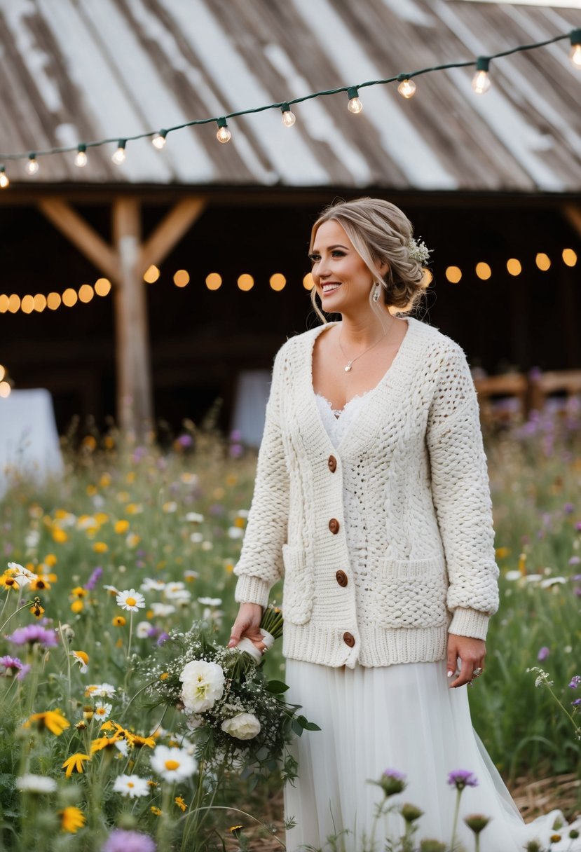 A rustic barn wedding with a bride in a chunky knit cardigan dress, surrounded by wildflowers and twinkling string lights