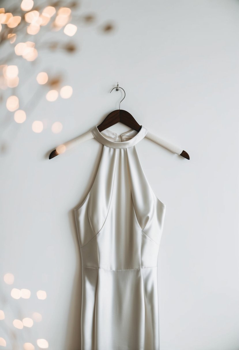 A sleek, high-neck silk slip wedding dress on a minimalist white background