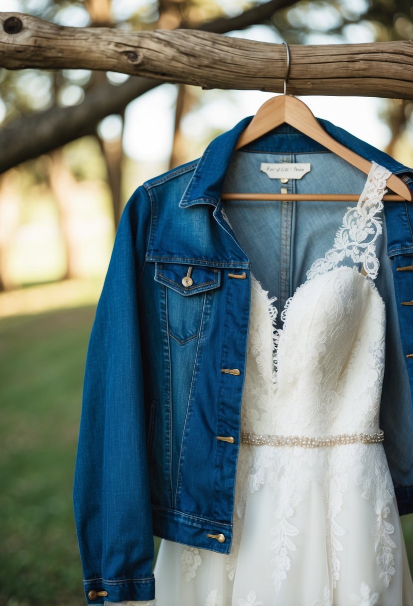 A denim jacket draped over a lace country wedding dress on a rustic wooden hanger