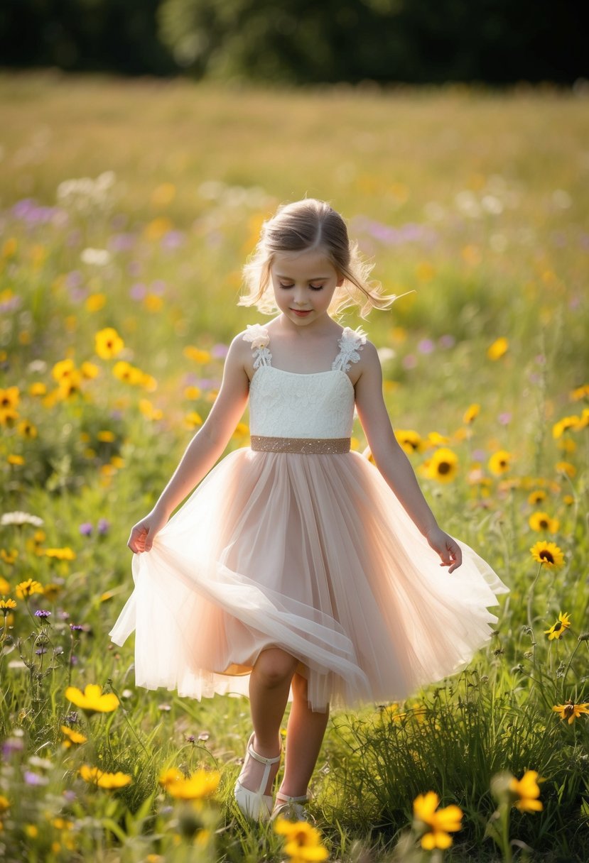 A 9-year-old girl twirls in a rustic tulle dress with delicate lace straps, surrounded by wildflowers in a sun-drenched meadow