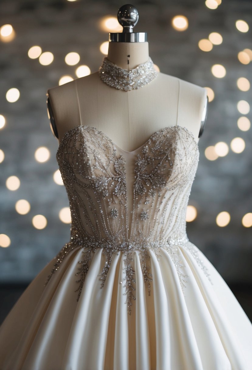 A high neck wedding dress with a glamorous beaded bodice cascading down the front, catching the light and sparkling with every movement