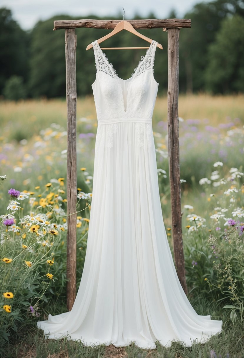 A flowing white dress with delicate lace details, surrounded by wildflowers and rustic wooden decor