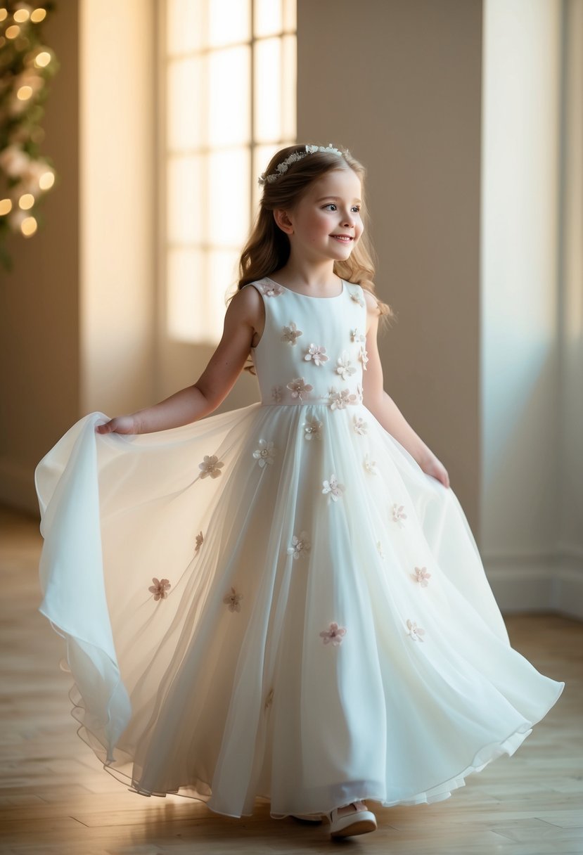 A 9-year-old girl twirls in a chiffon dress adorned with delicate flower appliqués, envisioning herself as a bride