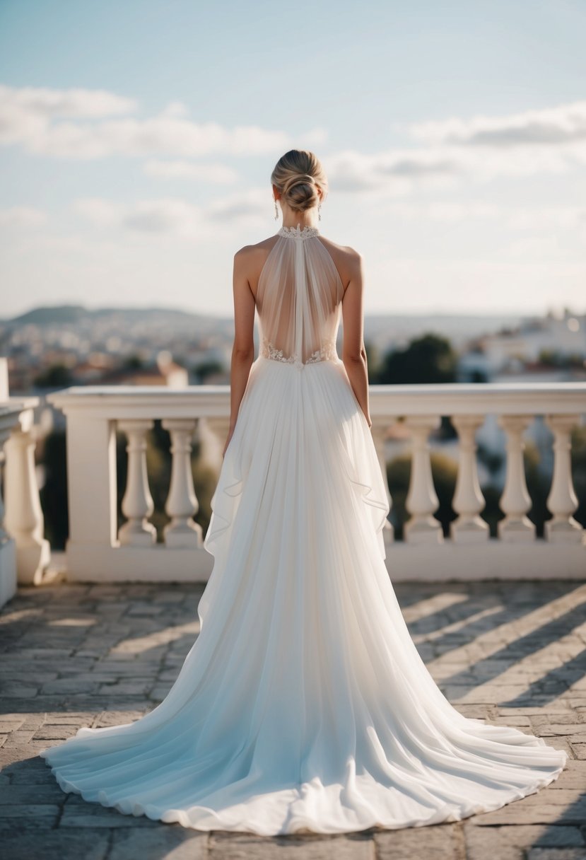 A flowing, high-necked wedding dress drapes in Grecian-inspired style, adorned with delicate details and ethereal fabric