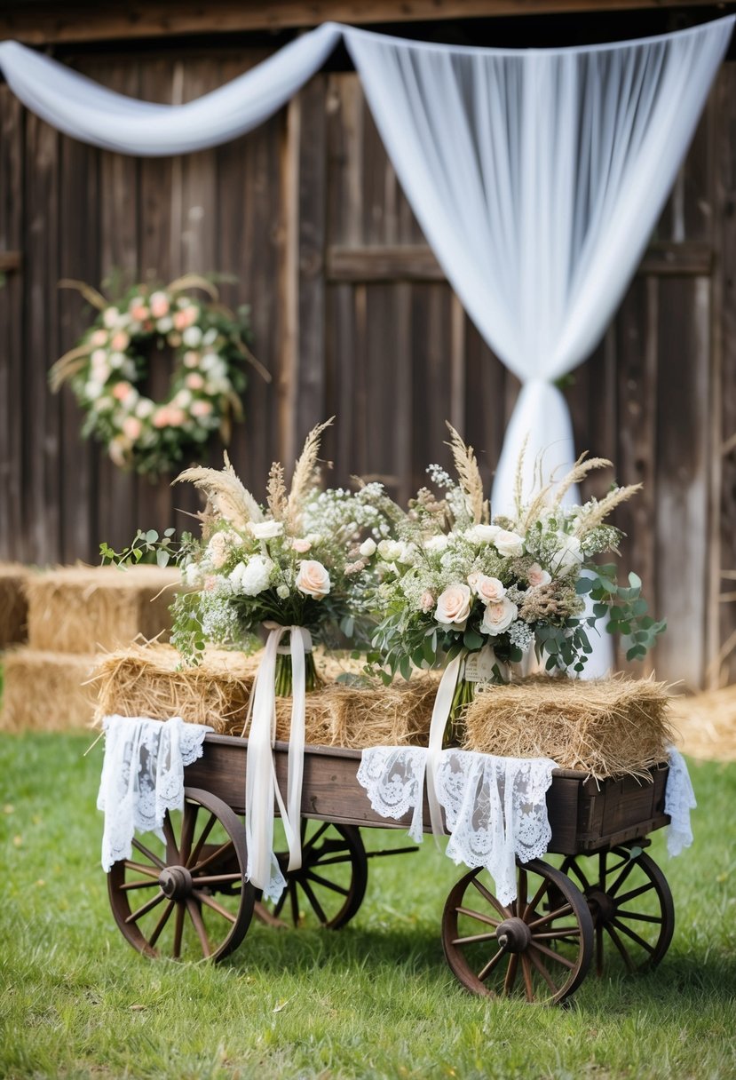 A rustic barn setting with wildflower bouquets, lace and tulle draped decor, and a vintage wooden wagon filled with hay bales