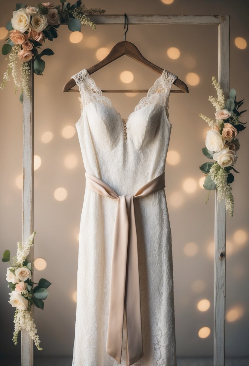 A vintage-inspired lace dress with a sash hangs on a rustic wooden hanger, surrounded by delicate floral accents and soft, romantic lighting