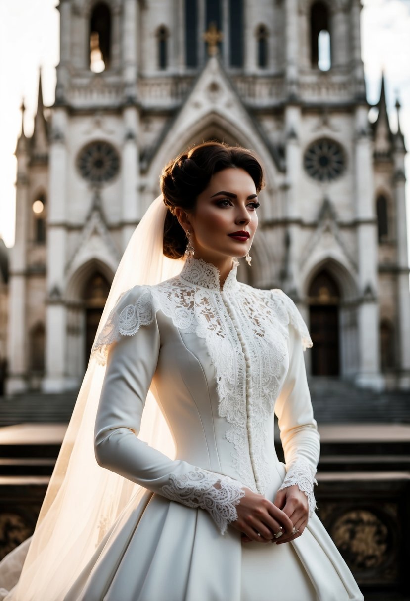 A Victorian high collar wedding dress with intricate lace details and a flowing train, set against a backdrop of a grand cathedral