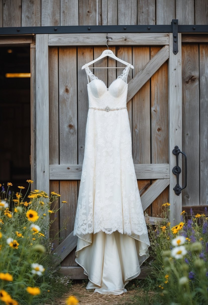 A vintage lace wedding dress hangs on a weathered barn door, surrounded by wildflowers and rustic wooden accents