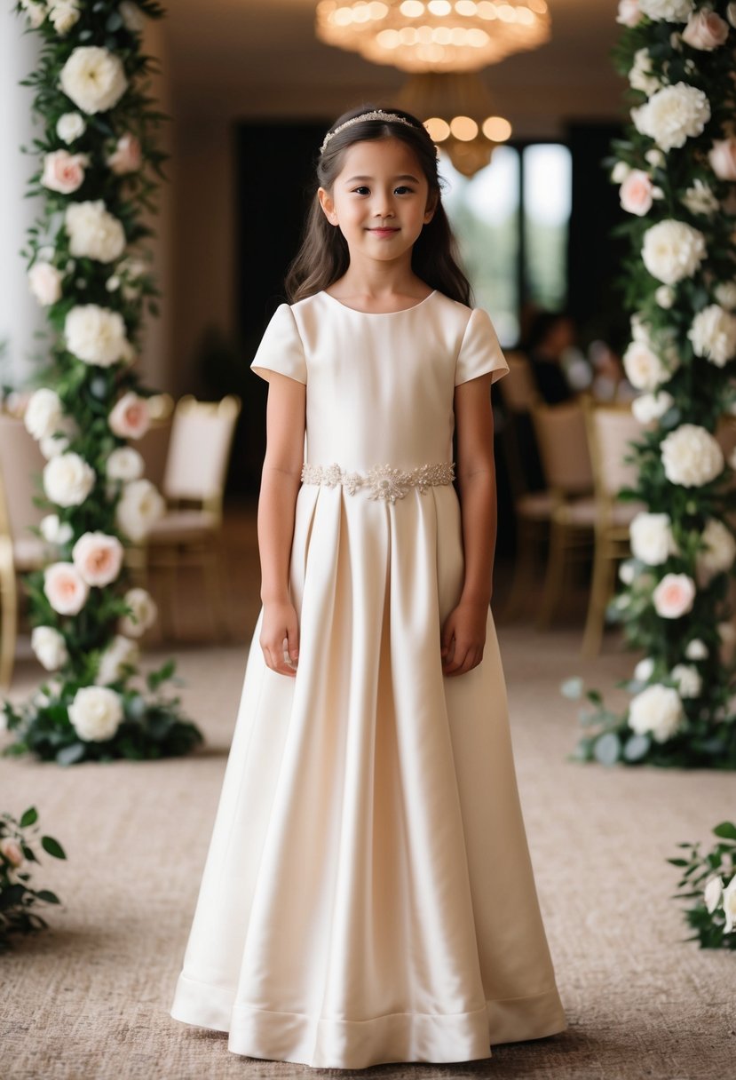 A 9-year-old girl stands in an elegant silk dress with short sleeves, surrounded by floral decorations, at a wedding venue