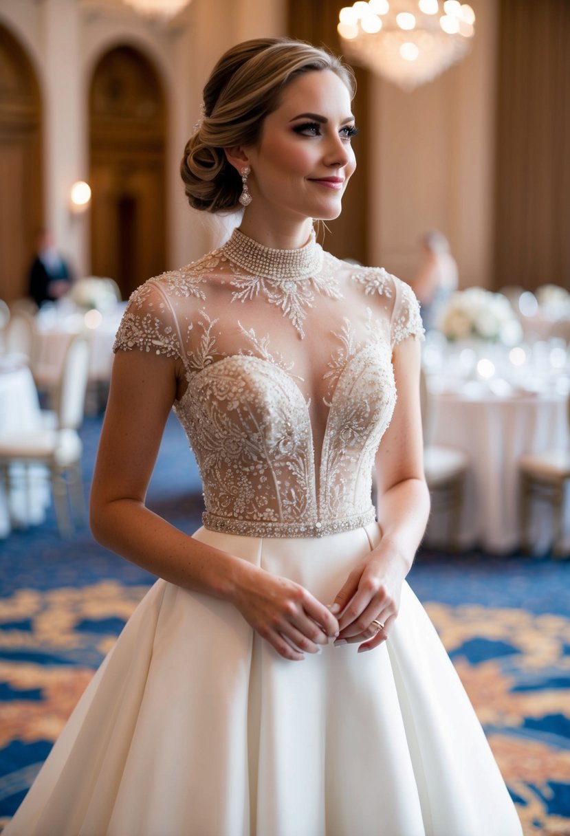 A bride stands in a grand ballroom, her illusion neckline wedding dress adorned with delicate lace and intricate beading, the high neck creating an air of elegance and romance