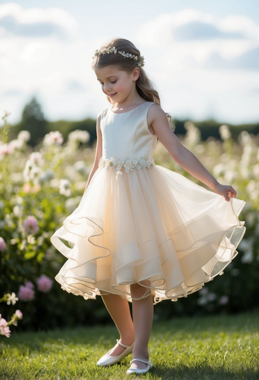 A 9-year-old girl twirls in an ivory organza dress with a ruffle hem, surrounded by delicate flowers and soft sunlight