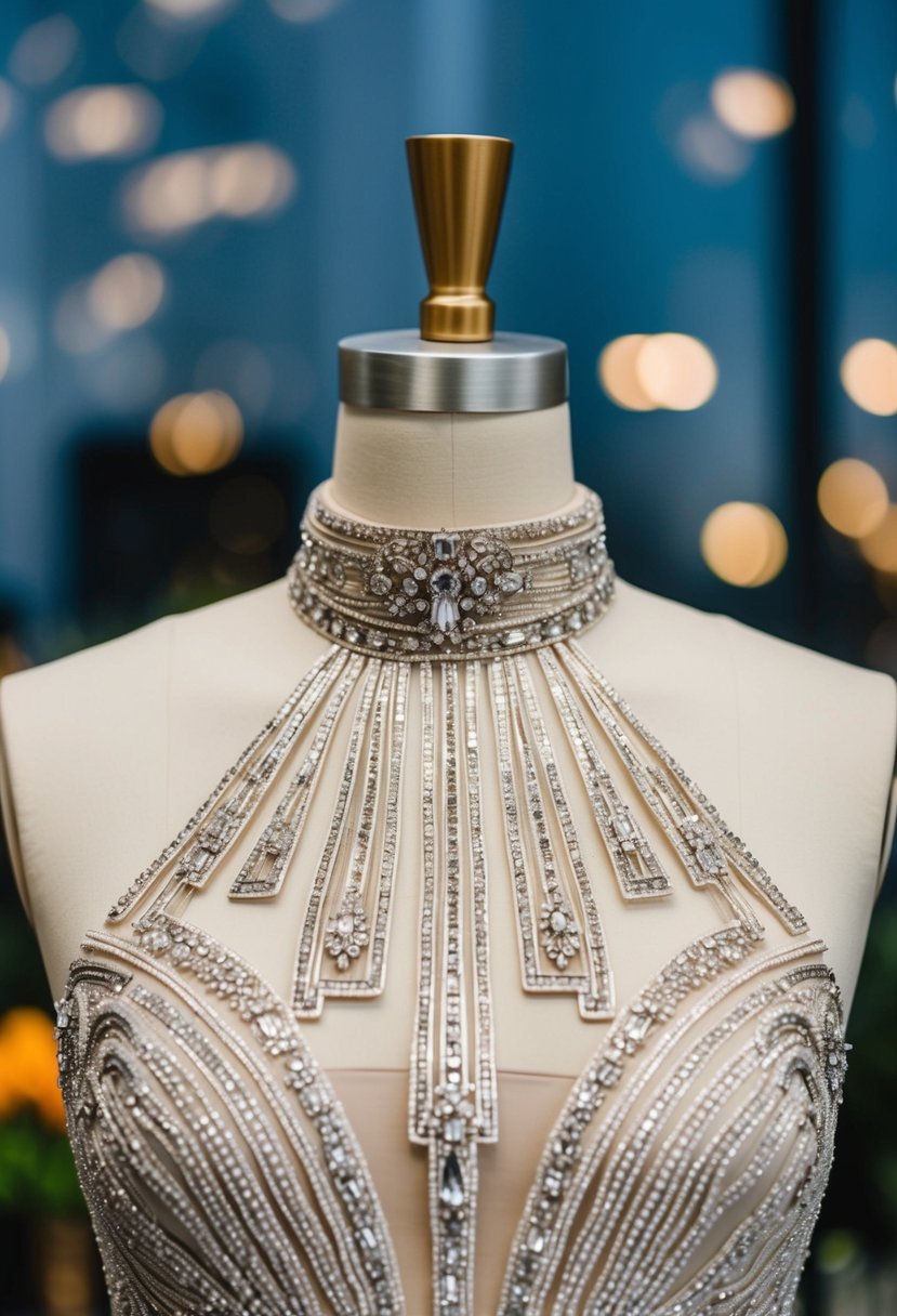 A sleek, high-neck wedding dress adorned with intricate Art Deco beaded designs