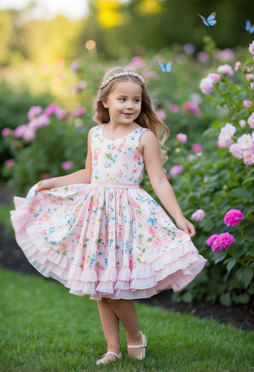 A 9-year-old girl twirls in a pastel floral dress with a twirl skirt, surrounded by blooming flowers and butterflies