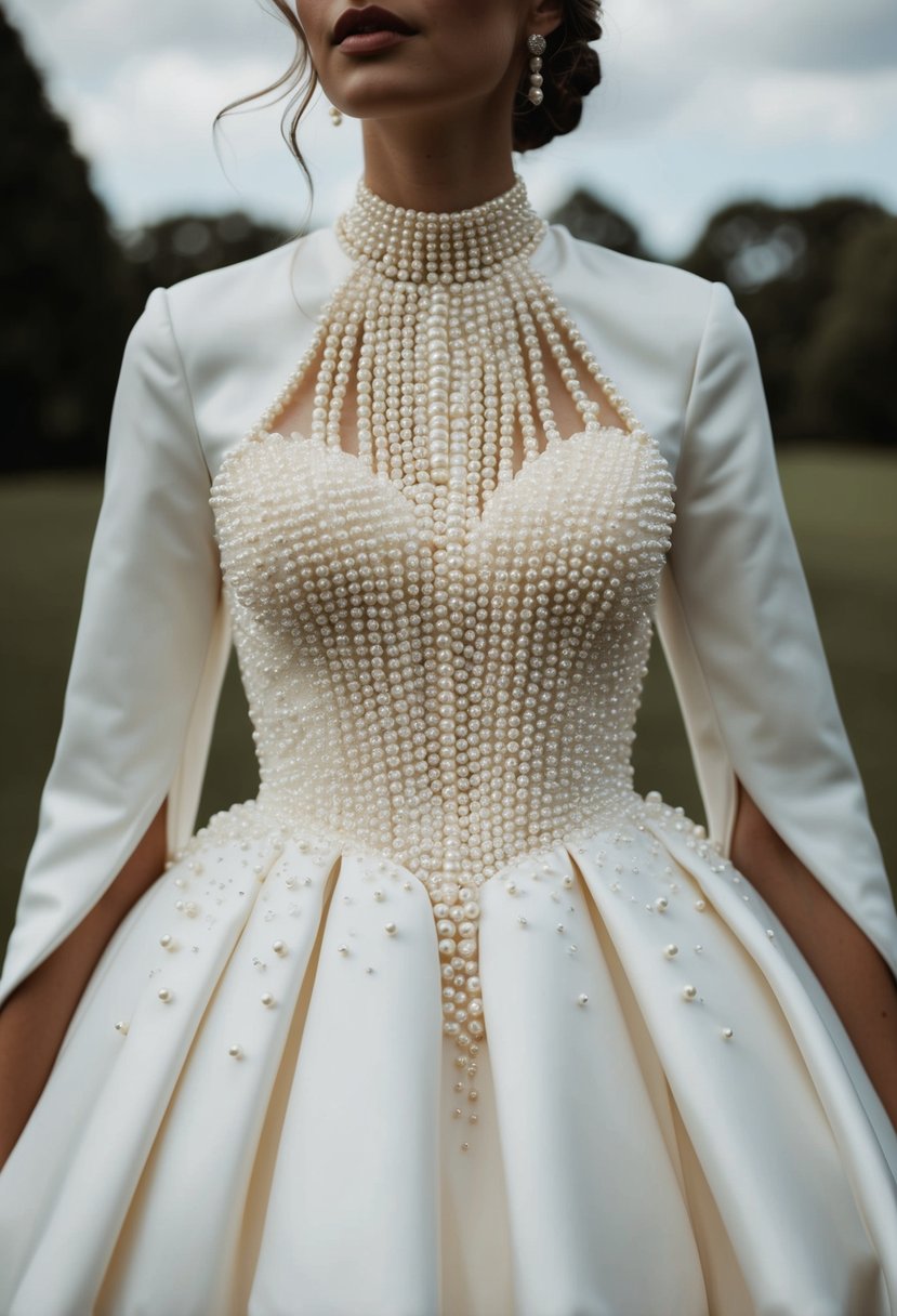 A high neck wedding dress with pearl embellishments cascading down the bodice and sleeves, creating an elegant and timeless look