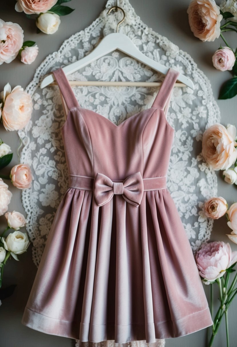 A muted pink velvet dress with a bow detail hangs on a hanger, surrounded by delicate lace and floral accents