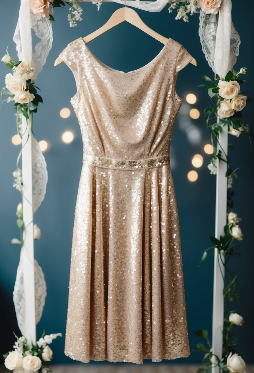 A champagne sequin dress with cap sleeves hangs on a mannequin, surrounded by delicate lace and floral accents