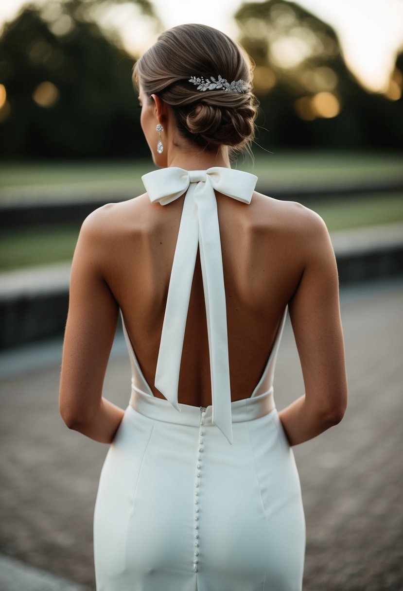 A high-neck wedding dress with a chic bow detail at the back