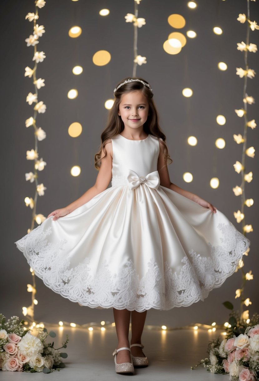 A 9-year-old girl twirls in a satin dress with a lace overlay and a bow at the waist, surrounded by delicate flowers and twinkling lights