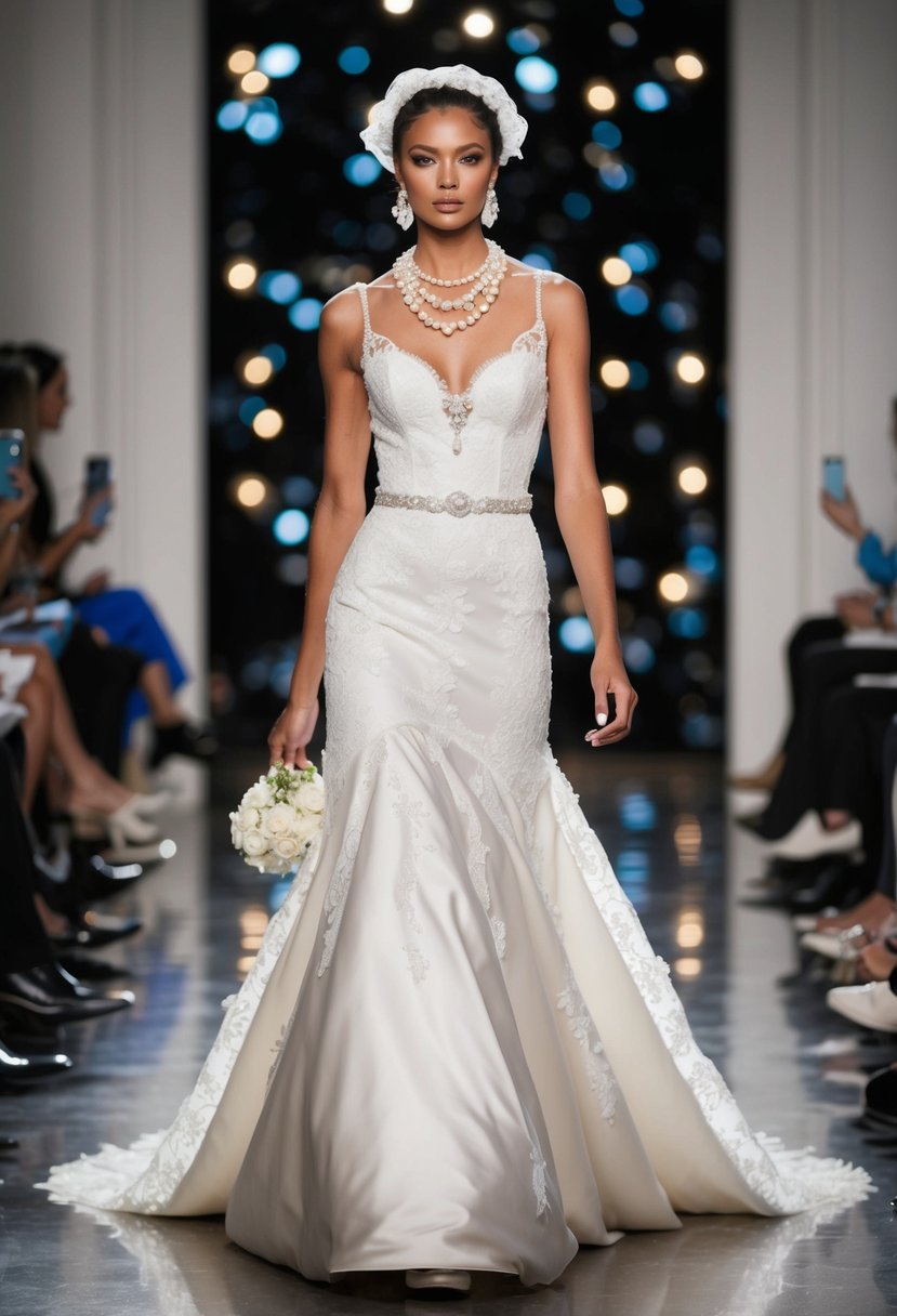 A model in a 90s-inspired wedding dress struts down a runway, adorned with lace, pearls, and a dramatic train