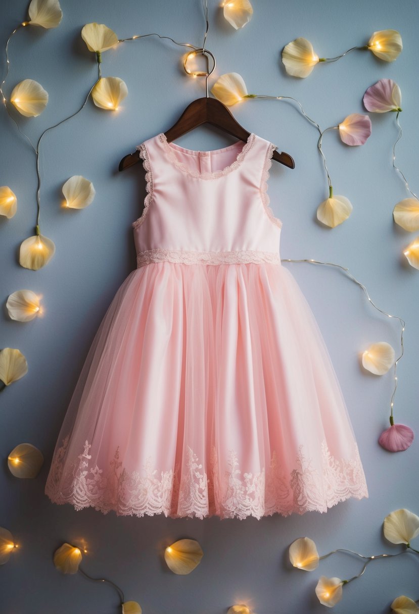 A soft pink dress with tulle and lace trim hangs on a hanger, surrounded by delicate flower petals and twinkling fairy lights