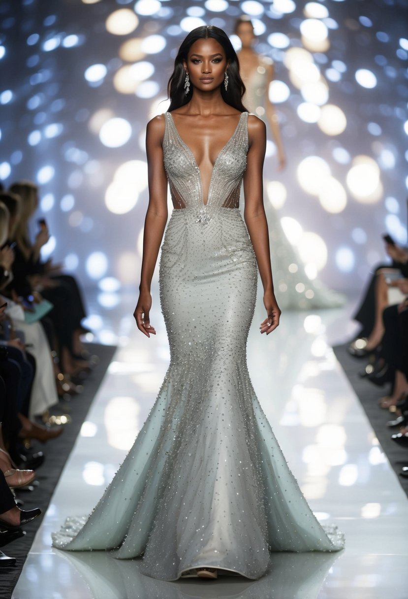 A shimmering mermaid gown with intricate beading cascades down a 90s runway, catching the light and exuding timeless elegance