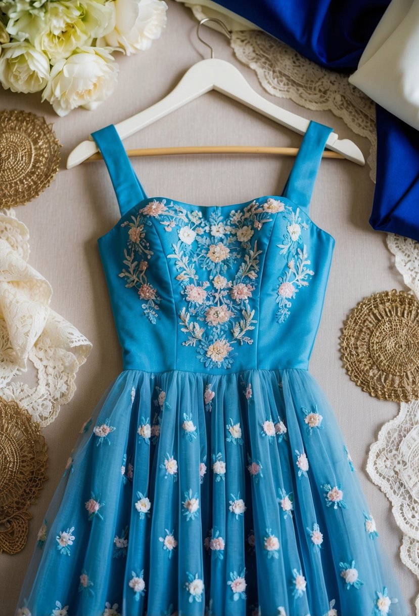 A blue floral dress with delicate embroidery hangs on a dress form, surrounded by lace and silk fabric swatches