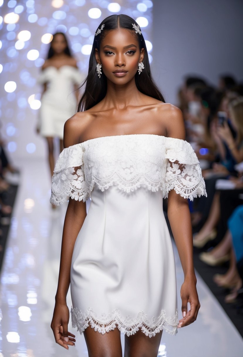 An off-shoulder dress with lace embellishments floats down a 90s runway