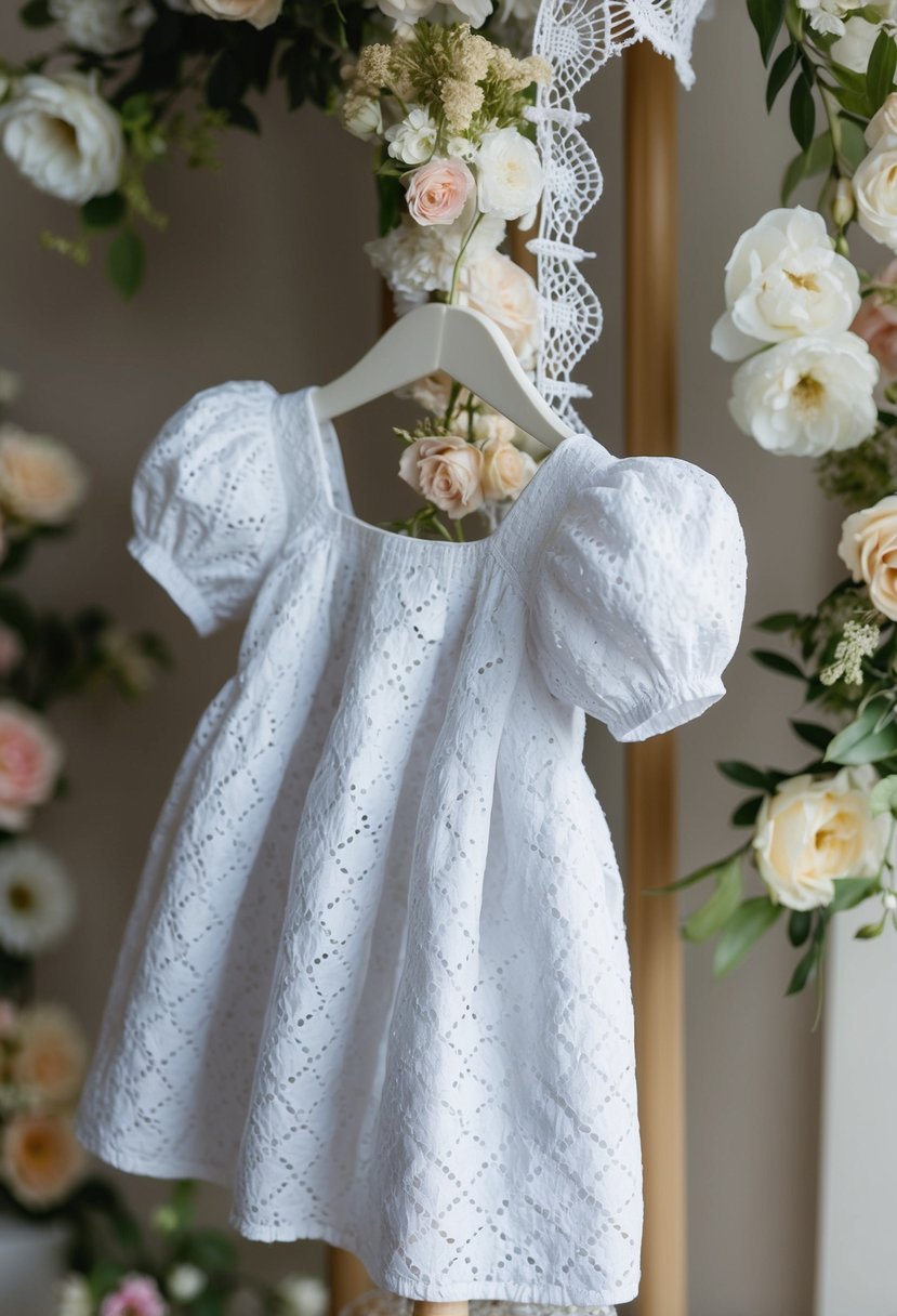 A white eyelet dress with puff sleeves hangs on a child-sized mannequin, surrounded by delicate lace and floral accents